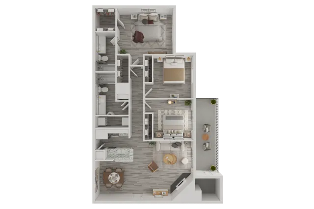 Modern 3D floor plan showcasing 2 spacious bedrooms, elegant open-concept living and dining area, and a sleek kitchen leading to a tranquil balcony.