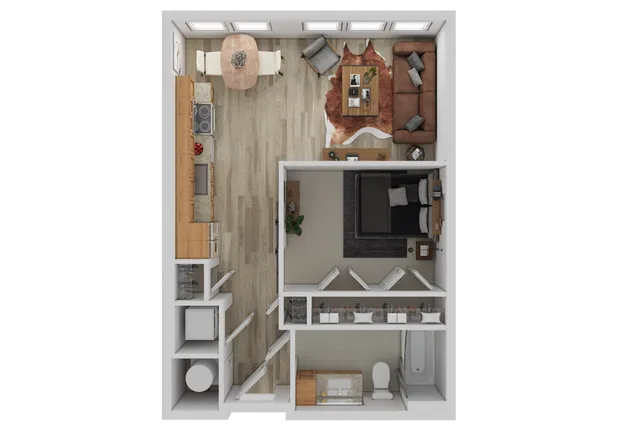 Inviting one-bedroom apartment floor plan with open kitchen, cozy living room, and modern bathroom.