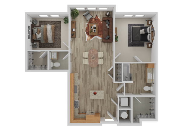 Modern floor plan showcasing 2 cozy bedrooms, a spacious living area with stylish furniture, and an open-concept kitchen with chic dining space.