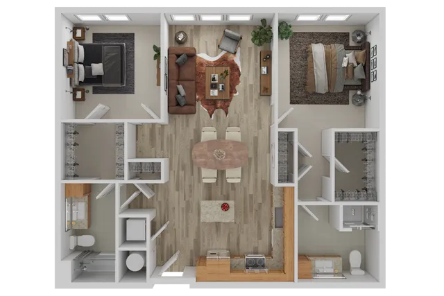 Chic 3D floor plan showcasing a modern 2-bedroom apartment with an open living area, stylish kitchen, and two luxurious bathrooms.