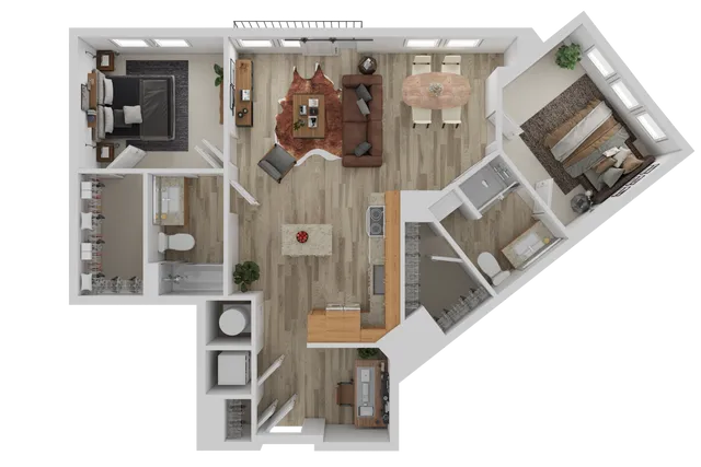 Modern apartment floor plan showcasing open-concept living with two bedrooms, two bathrooms, and a stylish kitchen.