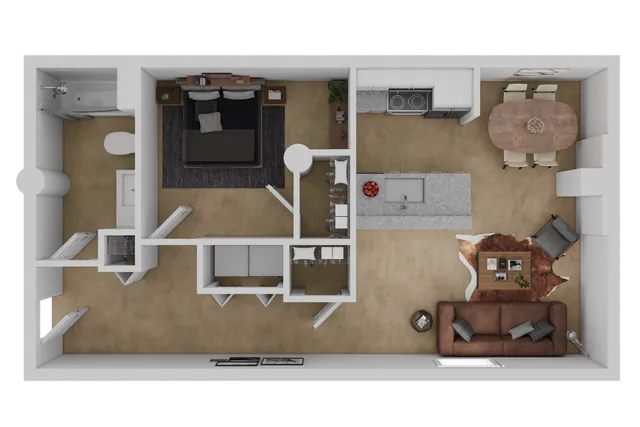 Contemporary floor plan featuring a spacious open-concept living area, stylish kitchen with island, cozy dining space, and elegant master bedroom with ensuite bathroom.