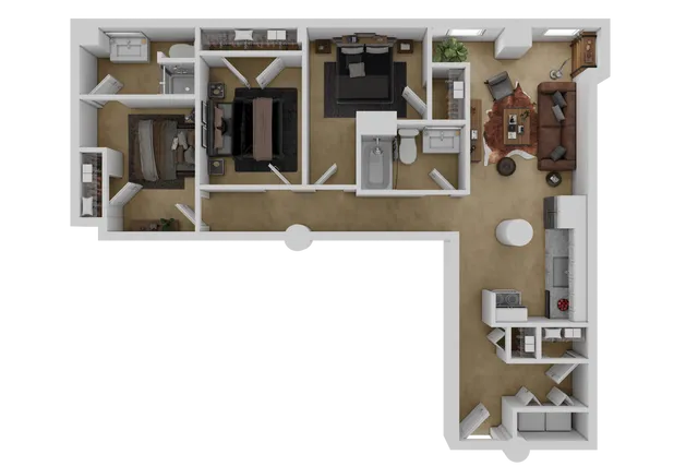 Modern L-shaped floor plan showcasing two cozy bedrooms, a welcoming living area, and a sleek kitchen, perfect for stylish urban living.