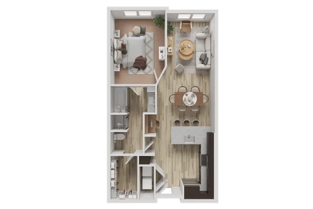 Modern 1-bedroom apartment floor plan with open-concept living and dining area, stylish kitchen, and spacious bathroom.