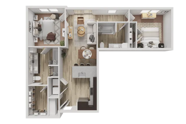 Modern L-shaped floor plan featuring two spacious bedrooms, a sleek kitchen with an island, an elegant living room, and two stylish bathrooms.