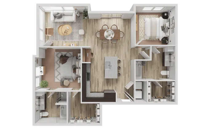 Modern 2D floor plan showcasing two cozy bedrooms, an elegant open living room, a spacious kitchen with an island, and a dining area with stylish seating.