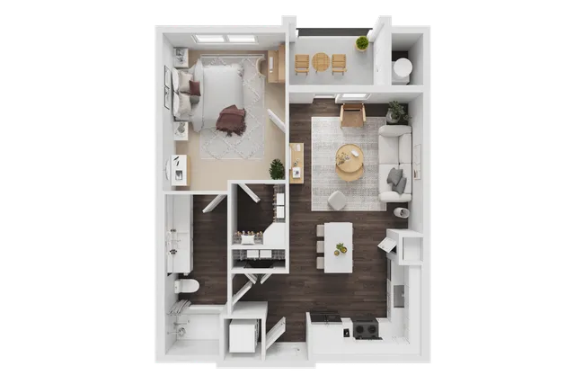Chic and modern floor plan featuring a spacious bedroom, cozy living area, and stylish kitchen with an attached bathroom. Ideal for comfortable urban living.