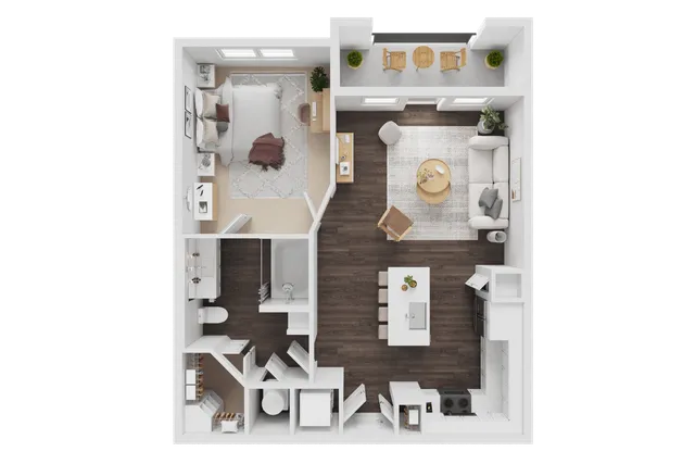 Modern 3D floor plan with one-bedroom suite, cozy living area, sleek kitchen with island, and charming outdoor balcony.