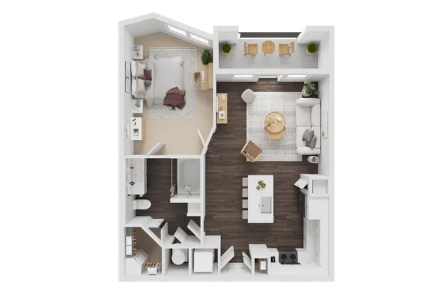 Modern 2D floor plan showcasing a cozy one-bedroom apartment with open living and dining area, sleek kitchen, and private balcony.