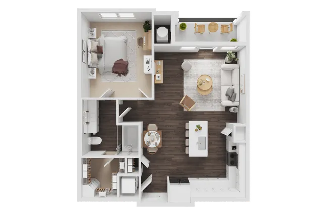 Chic 2D floor plan showcasing one-bedroom apartment with open living space, modern kitchen, and private balcony.