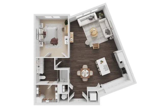 Contemporary 3D floor plan featuring a cozy bedroom, open living and dining area, elegant kitchen, and modern bathroom layout with stylish furnishings.