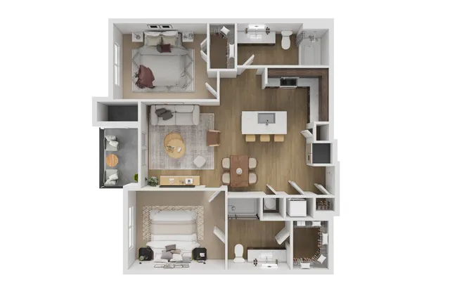 Modern 2D floor plan showcasing 2 spacious bedrooms, an elegant open-concept kitchen with an island, and a cozy living room. Includes a sleek bathroom, inviting dining area, and a private balcony space.