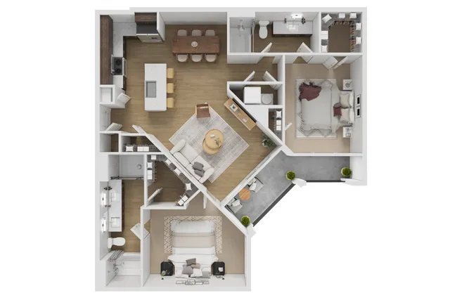 Modern floor plan showcasing 2 bedrooms, an open-concept kitchen and dining area, a cozy living room, and a private balcony.