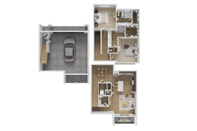 Contemporary 3D floor plan showcasing 2 bedrooms, open kitchen, cozy living area, and attached garage.