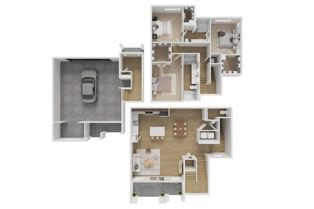 Chic 3D floor plan showcasing 3 cozy bedrooms, modern kitchen, expansive living-dining area, and attached garage.