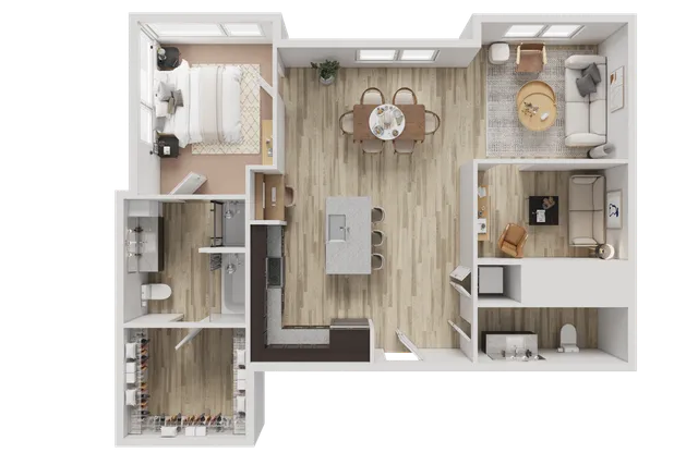 Modern 2D floor plan showcasing a spacious open-concept layout with one bedroom, elegant living room, dining area, and a sleek kitchen with central island.