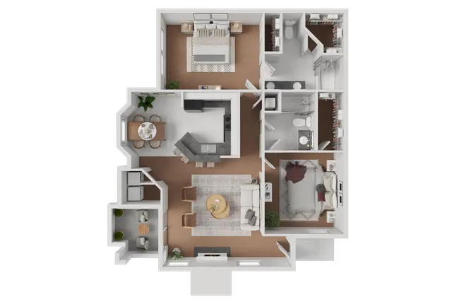 Spacious 3D apartment floor plan featuring two bedrooms, two bathrooms, an open-concept kitchen with island, cozy living area, and a charming balcony space.