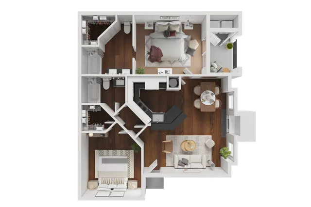 Inviting floor plan showcasing two cozy bedrooms, a spacious open-concept living and dining area, a modern kitchen, and two well-appointed bathrooms.