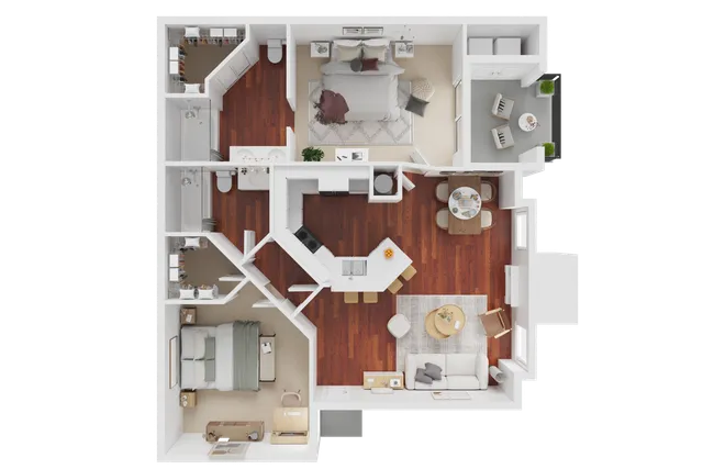 Modern 3D floor plan featuring 2 spacious bedrooms, sleek kitchen with island, cozy living area, and charming balcony for relaxation.