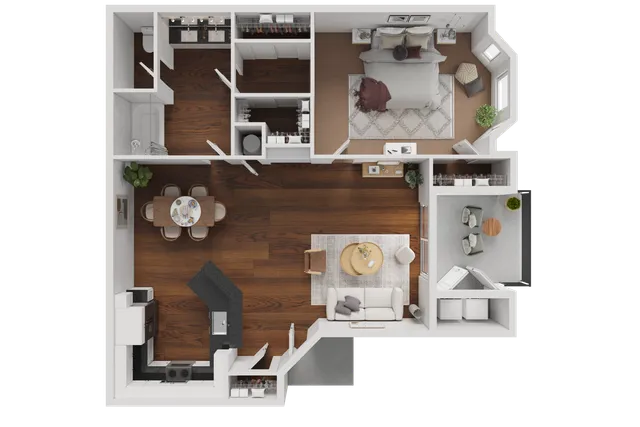 Chic apartment floor plan showcasing a spacious bedroom, sleek kitchen, cozy dining area, and inviting living room with balcony access.