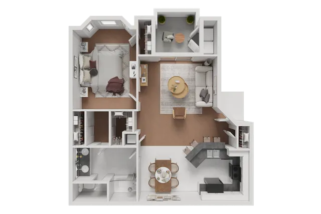 Modern floor plan showcasing a spacious 1-bedroom apartment with open-concept living area, stylish kitchen, cozy balcony, and luxurious bathroom.
