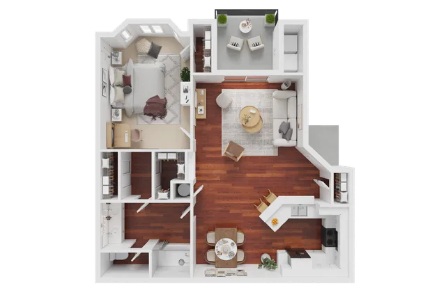 Sophisticated floor plan showcasing a spacious one-bedroom layout with an elegant open-concept living area, modern kitchen, and cozy balcony.