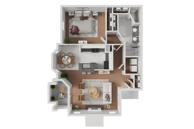 Charming 1-bedroom apartment floor plan with an inviting living area, sleek kitchen, dining nook, and a modern bathroom.