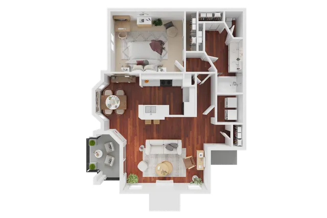 Elegant floor plan displaying 1 bedroom apartment with an open-concept kitchen and living area, cozy dining space, and charming balcony.