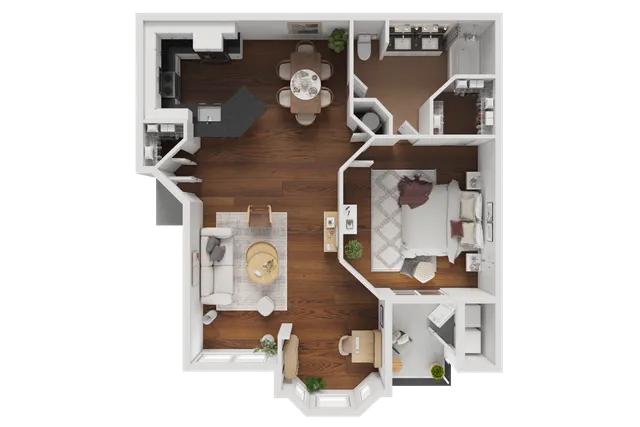 Chic 1-bedroom apartment floor plan featuring an open-concept living room, modern kitchen, dining area, and spacious bathroom with dual vanity.
