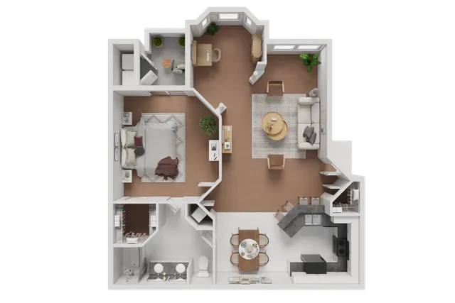 Modern 2D floor plan with a spacious bedroom, cozy living area, stylish home office, and an open kitchen and dining layout.