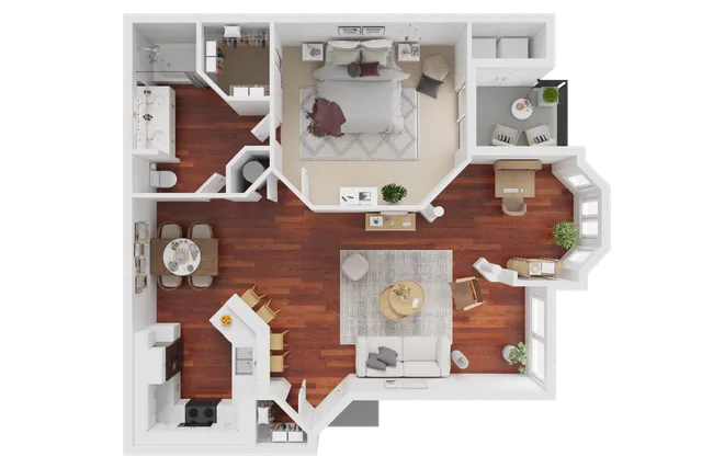 Chic 1-bedroom apartment floor plan featuring an open living room, modern kitchen with dining area, and elegant bathroom. Includes cozy balcony space and ample natural light.
