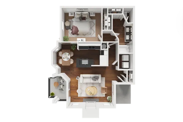 Elegant 1-bedroom apartment floor plan showcasing an open living area, modern kitchen, dining nook, and spacious bathroom.