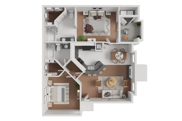 Modern 3D floor plan showcasing 2 spacious bedrooms, 2 elegant bathrooms, an open kitchen with bar seating, and a cozy living area with contemporary decor.