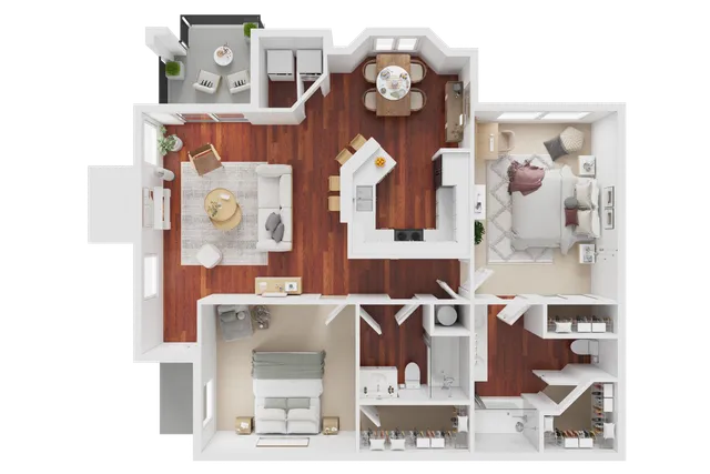 Chic 2D floor plan showcasing two bedrooms, open-concept living space, modern kitchen, and private balcony. Wood flooring adds warmth to a stylish, inviting layout.