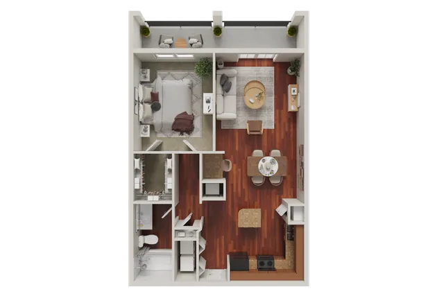 Cozy 1-bedroom apartment floor plan with open-concept living and dining area, modern kitchen, and spacious bathroom.