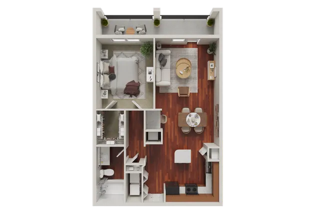 Chic one-bedroom apartment floor plan with a spacious open-concept living area, modern kitchen, and cozy patio seating.