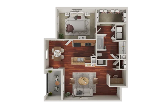 Elegant 1-bedroom apartment floor plan featuring a spacious living room, modern kitchen, cozy dining area, and a stylish bathroom, ideal for comfortable living.