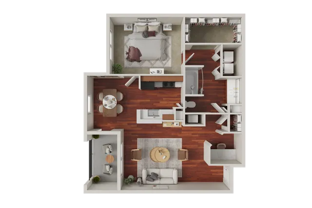 Modern floor plan showcasing one-bedroom layout with spacious living room, stylish kitchen, elegant dining area, and chic bathroom, perfect for contemporary living.