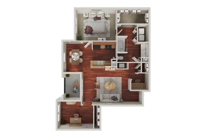 Inviting floor plan showcasing a spacious one-bedroom, featuring an open-concept living and dining area, modern kitchen, cozy home office, and elegant hardwood floors.