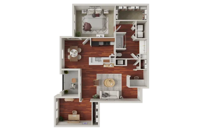 Contemporary floor plan showcasing a cozy 1-bedroom layout, open kitchen and dining area, and inviting living room with rich wooden floors.