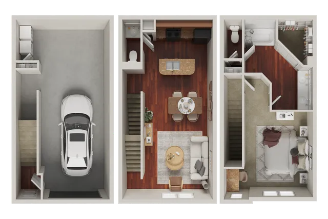Modern three-level floor plan featuring a garage, stylish kitchen, cozy living room, and a spacious bedroom with an ensuite bathroom.