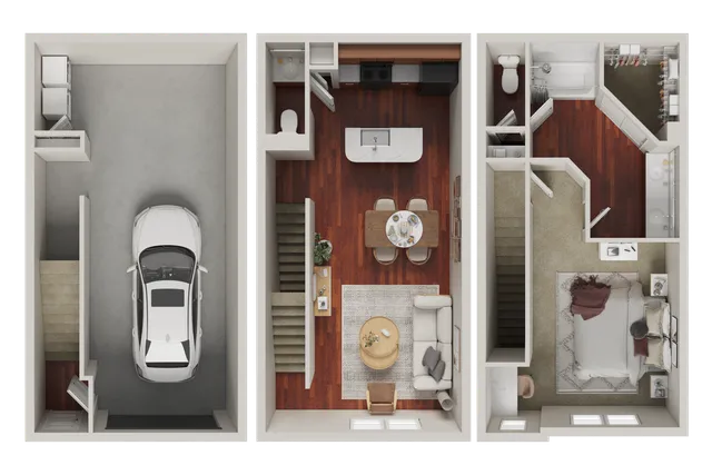 Modern tri-level floor plan showcasing a garage, open kitchen and dining area, cozy living room, and a stylish bedroom.