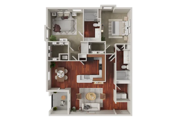 Modern 2D floor plan showcasing 2 bedrooms, a sleek kitchen, inviting living room, and two bathrooms with elegant hardwood flooring.