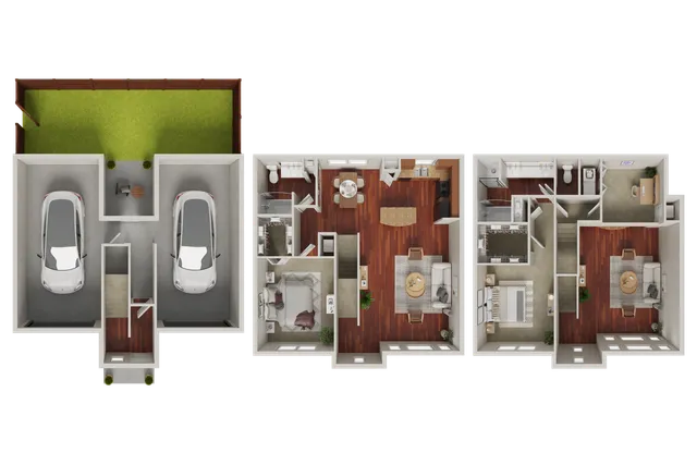 Modern 3D floor plan featuring a two-car garage, lush green backyard, three spacious bedrooms, sleek open-concept kitchen, and cozy living room with stylish wood flooring.