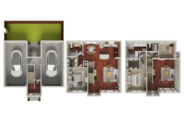3D floor plan showcasing a two-story layout with 2 bedrooms, stylish open-concept living area, modern kitchen, cozy office space, double garage, and a lush fenced backyard.