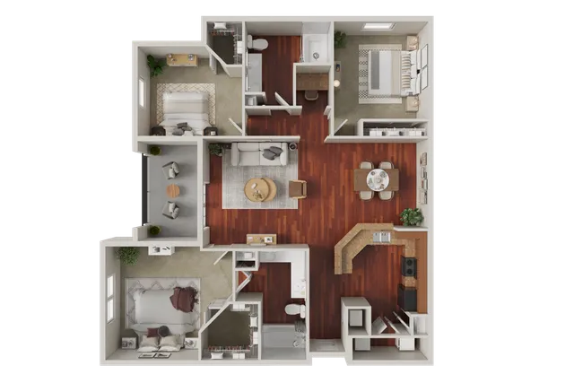 Modern 3D floor plan showcasing 3 bedrooms, a cozy living room, elegant dining area, and a stylish kitchen.
