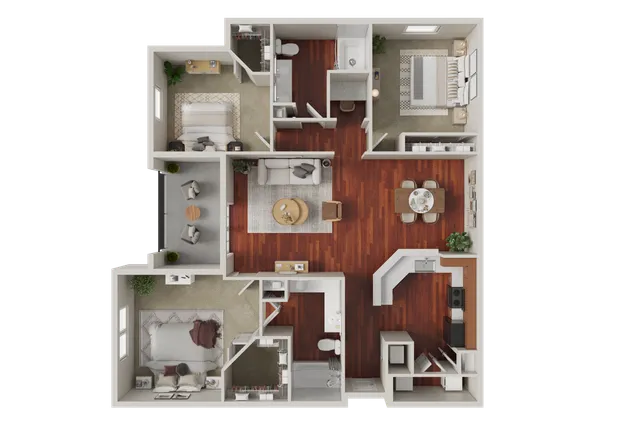 Elegant 3D apartment floor plan showcasing three bedrooms, an inviting open living area, and a modern kitchen with hardwood flooring.