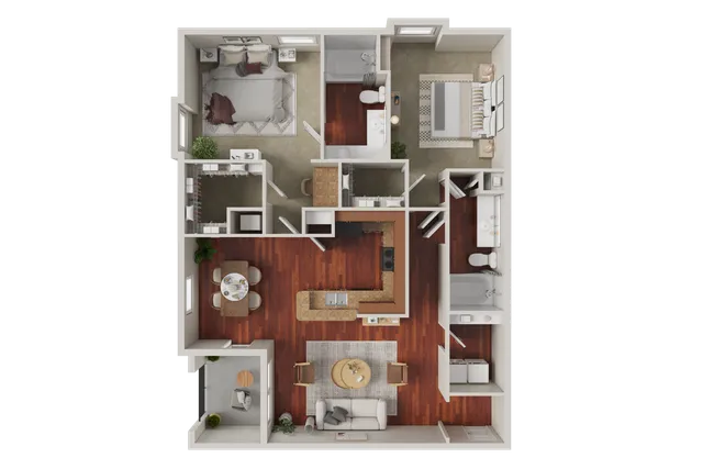 Spacious 3D apartment floor plan featuring two bedrooms, two bathrooms, cozy living area, and modern kitchen with an inviting dining space.