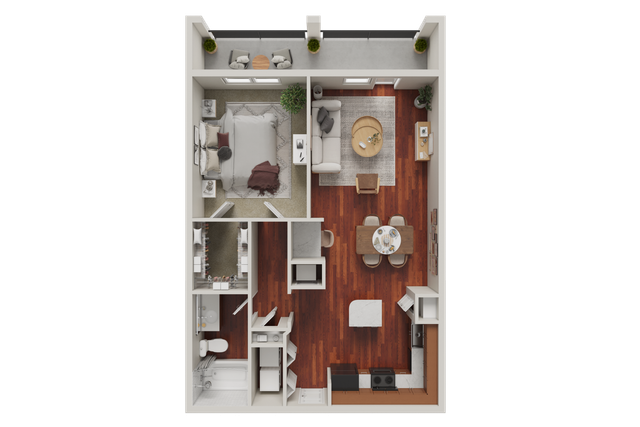 Modern open-concept floor plan featuring a cozy bedroom, stylish living area, and efficient kitchen layout with a dining space, perfect for urban living.