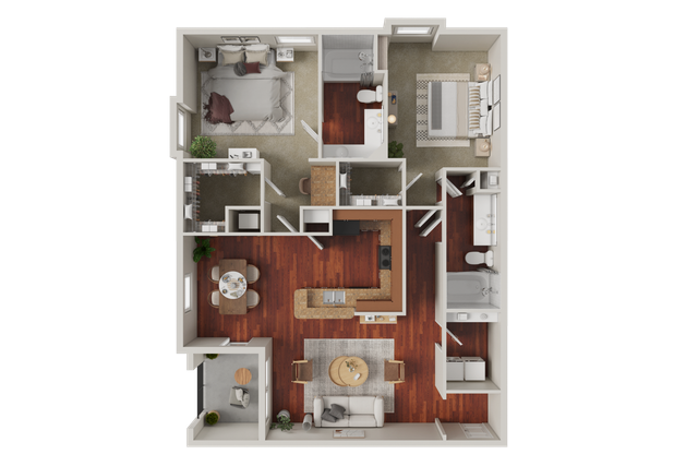 Modern 3D floor plan showcasing 3 bedrooms, a luxurious kitchen, and an inviting living area with rich wood flooring.